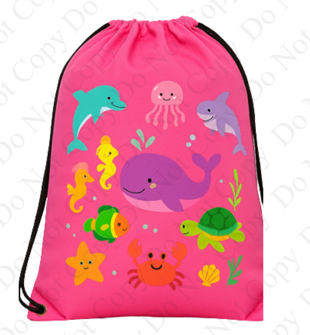 Dark Pink Sea Animals design with Draw String bag