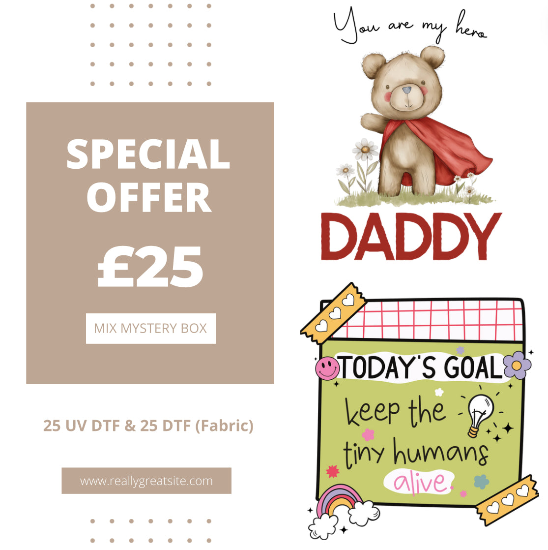 BLACK FRIDAY MIX Mega Mystery 25 UV DTF & 25 DTF (Fabric) Total 50 random prints