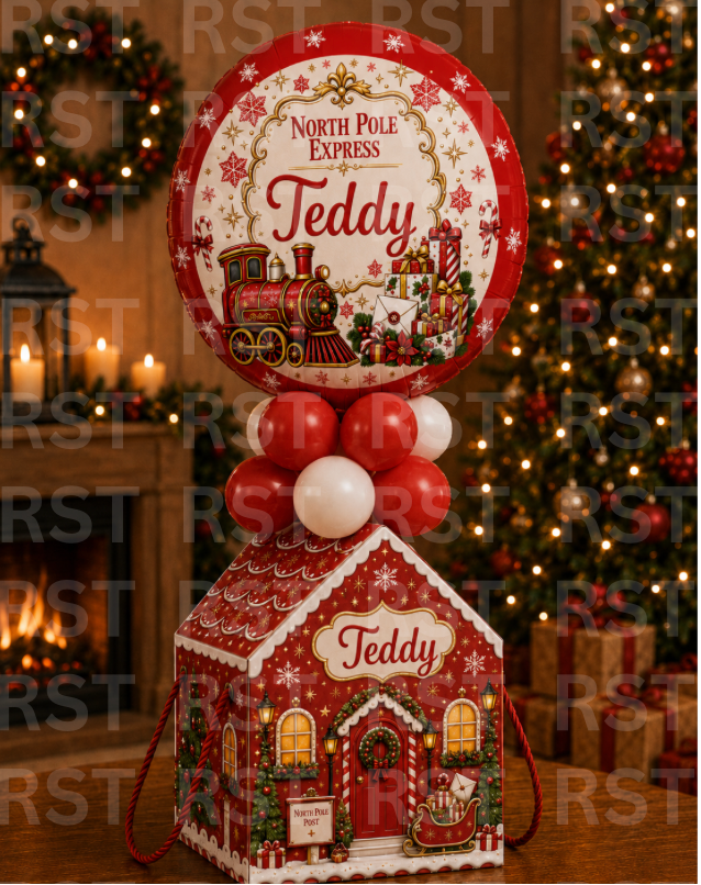 North Pole Red House Gift Box and 18" Balloon - PRE-ORDER (due around November)