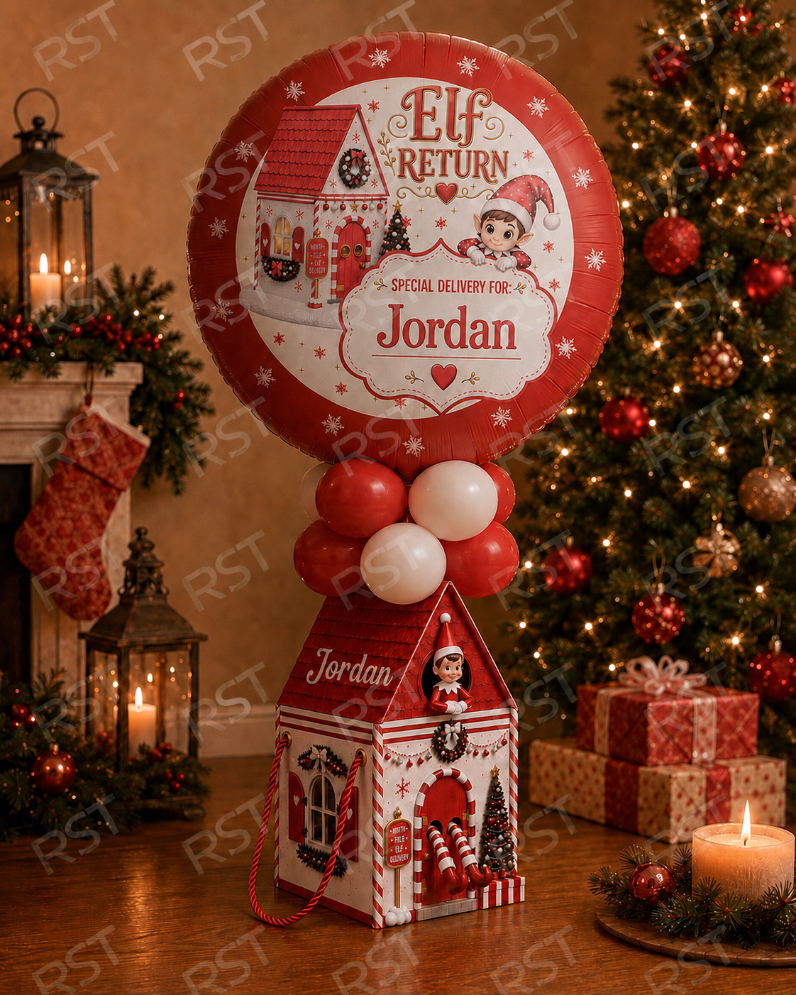 Large Red and White Elf Return Box and 18inch Balloons PRE-Order due End October