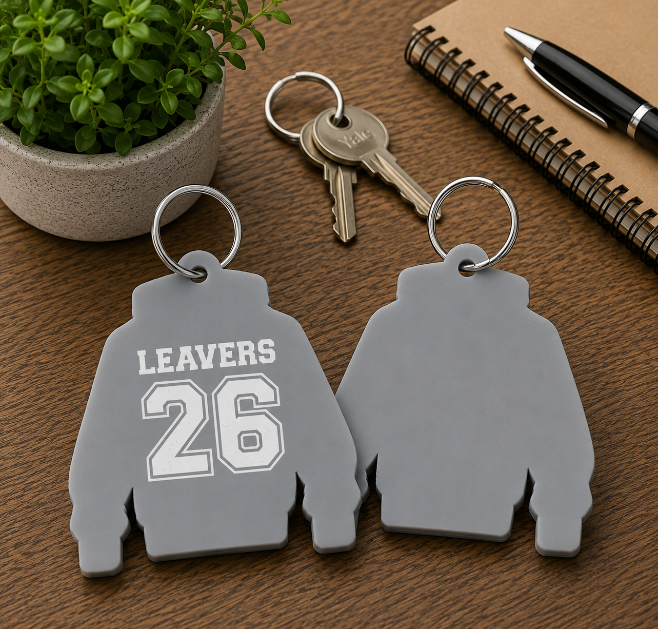 Grey Acrylic Leavers Hoodie Keyring UV optional