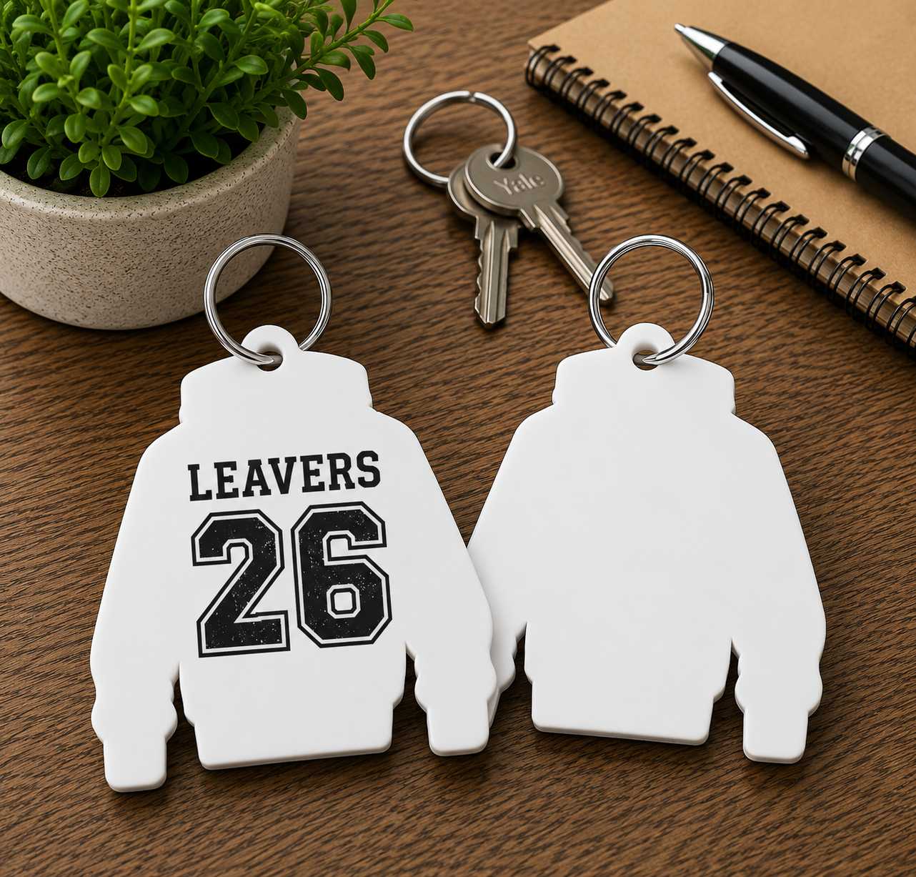 White Acrylic Leavers Hoodie Keyring UV optional (Can be sublimated on)