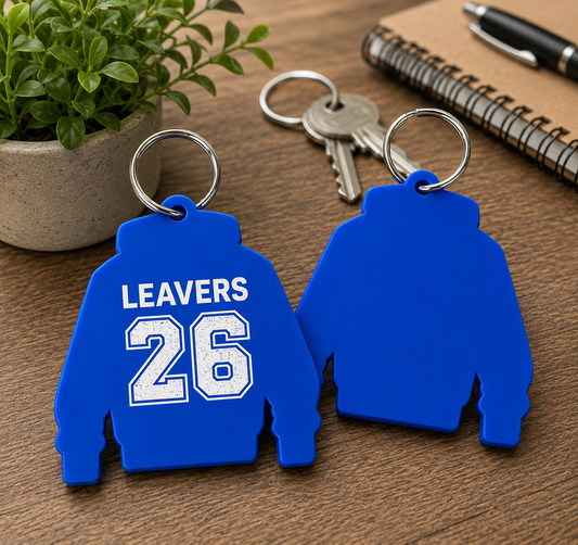 Blue Acrylic Leavers Hoodie Keyring - UV optional