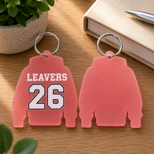 Frosted Pink Acrylic Leavers Hoodie Keyring - UV optional