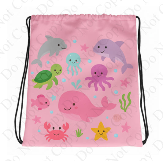 Light Pink Sea Animals design with Draw String bag