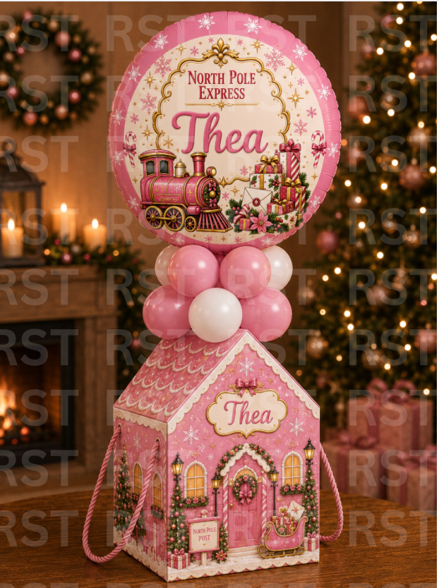 North Pole Pink House Gift Box and 18" Balloon - PRE-ORDER (due around November)