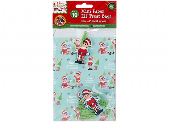 MINI PAPER ELF TREAT BAGS WITH PEGS & TAGS PACK OF 10
